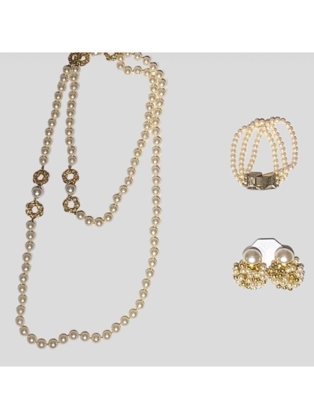 Vintage Faux Pearl Gold Cream Necklace Bracelet Earrings Set